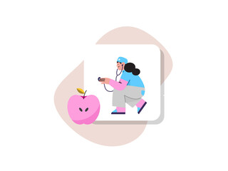 An illustration of  healthcare worker with stethoscope and an apple , 