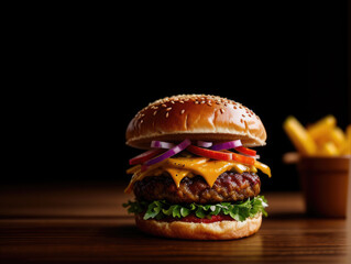  "Delicious Cheeseburger Product Shot on Rustic Wooden Background" - Generative AI