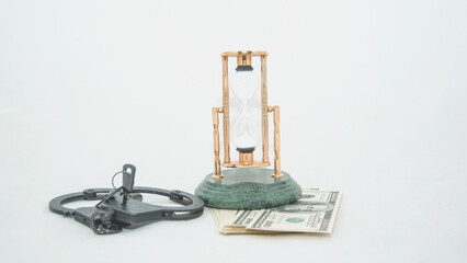 Dollars and shackles with drugs on a beautiful background close-up