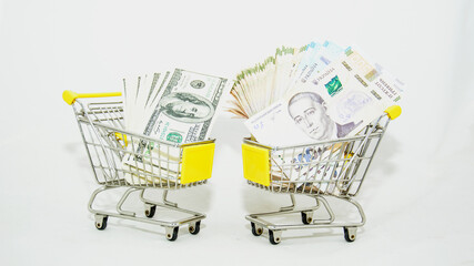 Dollars and shackles with drugs on a beautiful background close-up