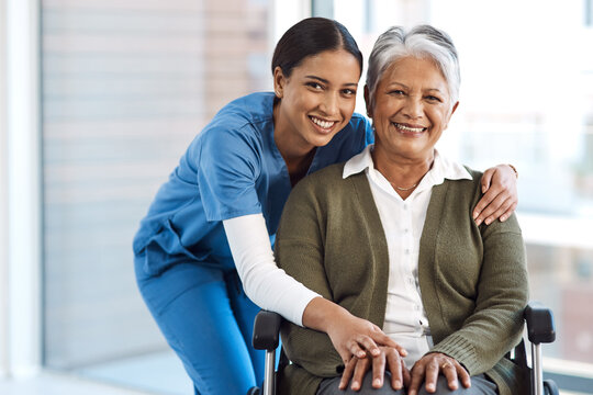 Portrait, medical or disability with a nurse and old woman in a wheelchair during a nursing home visit. Smile, healthcare or retirement with a happy female medicine professional and senior client