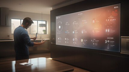 Obraz na płótnie Canvas Futuristic Virtual Screen in the smart Home. Computation Technology. AI Generative.