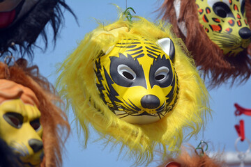 Face of a diffierent type of animal carnival mask, isolated on white background. Mask of the biggest cat,tiger,dog,moneky.Bengali festival pohela boishakh.
