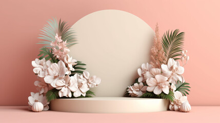 Flower bouquet 3D render of empty podium stand pink background abstract for display stand, nature cosmetic products. Generative Ai.
