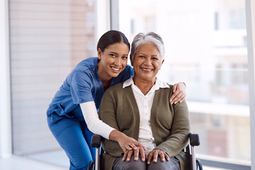 Portrait, smile and nurse with a senior woman in a wheelchair, care and rehabilitation. Face, happy...