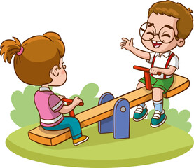 Illustration of a Little Girl and Boy Playing on a Playground