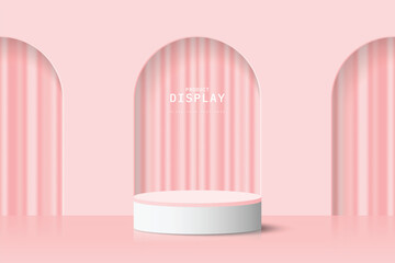 Obraz na płótnie Canvas White pink 3d cylinder podium pedestal realistic placed in front of three arch door and curtain background. Minimal scene for mockup or product presentation, 3d vector geometric form design.