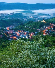 Beautiful morning landscape. View of calvary in Banska Stiavnica, UNESCO, Slovakia. Spring colors.
