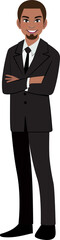 Black businessman or American African male character crossed arms pose in black suit cartoon character