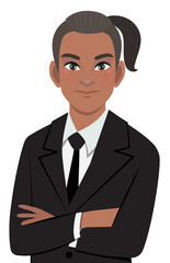 Black businessman or American African male character crossed arms pose in black suit half body cartoon character
