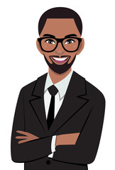 Black businessman or American African male character crossed arms pose in black suit half body cartoon character