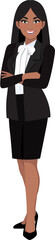 Black businesswoman or American African female character crossed arms pose in black suit cartoon character