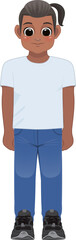 Cartoon character American African boy in white shirt and blue jeans smiling