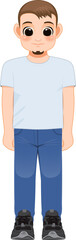 Cartoon character boy in white shirt and blue jeans smiling