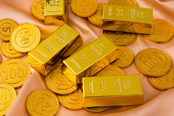 gold bars and gold coins background.