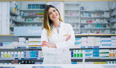 Pharmacy portrait, arms crossed and happy woman, pharmacist or manager in drugs store, dispensary...