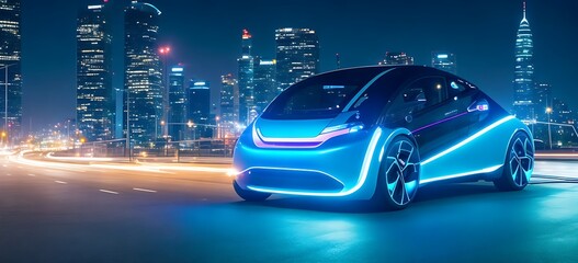 Plakat EV electric car system. futuristic car in night with modern light smart city.ai generated images. Generative Ai