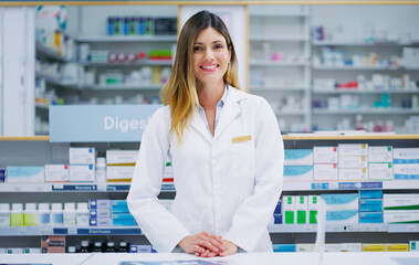 Pharmacy portrait, happy pharmacist and woman in drugs store, pharmaceutical service or healthcare shop. Hospital retail dispensary, medicine product shelf and medical person for clinic support help - Powered by Adobe