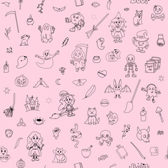 Fototapeta na wymiar Pink Halloween Seamless pattern, Cute doodle characters, Witch girl mascot backdrop, Halloween bundle