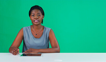 News report, portrait and a black woman on a green screen for a broadcast, press or information. Serious, desk and an African journalist or reporter hosting a show isolated on a studio background