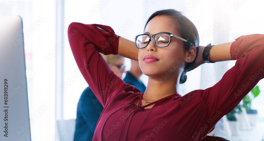 Poster relax, computer and a business woman done with her tasks for the day in an office with hands behind 