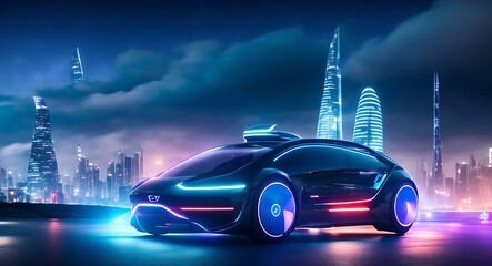 EV electric car system. futuristic car in night with modern light smart city.ai generated images. Generative Ai