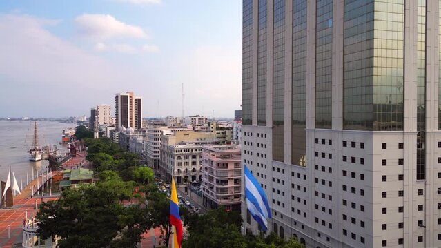 Aerial view of Malecon Simon Bolivar in Guayaquil, a recreational and tourist attraction place with landmarks, ferris wheel and walking space for local people and tourists.