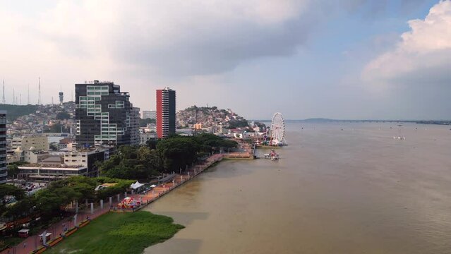 Aerial view of Malecon Simon Bolivar in Guayaquil, a recreational and tourist attraction place with landmarks, ferris wheel and walking space for local people and tourists.