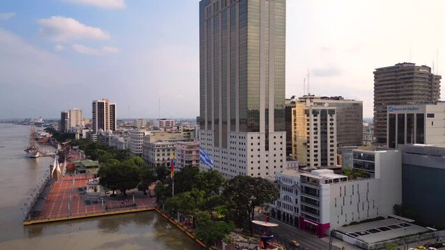 Aerial view of Malecon Simon Bolivar in Guayaquil, a recreational and tourist attraction place with landmarks, ferris wheel and walking space for local people and tourists.