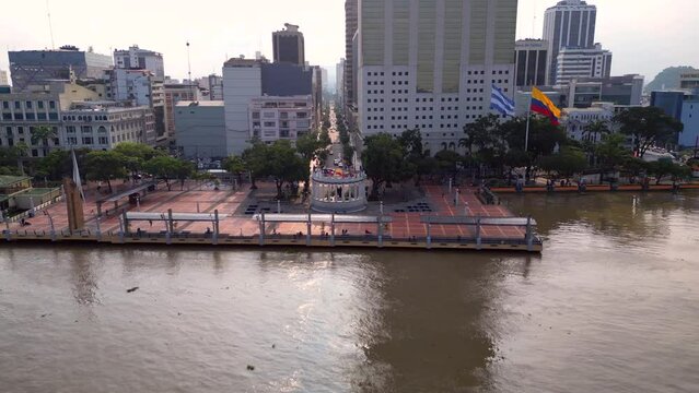 Aerial view of Malecon Simon Bolivar in Guayaquil, a recreational and tourist attraction place with landmarks, ferris wheel and walking space for local people and tourists.