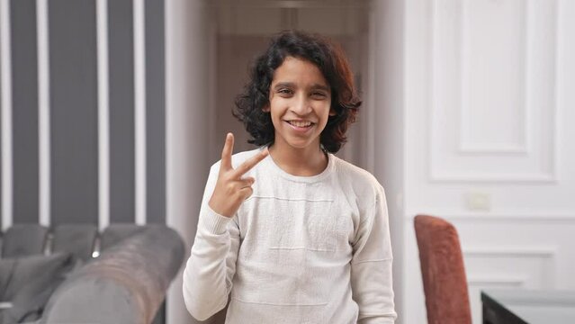 Indian kid boy showing victory sign