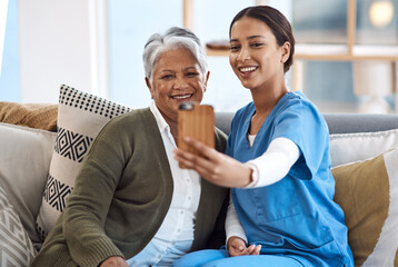 Caregiver, selfie or old woman in nursing home with smile or happiness for profile pictures or retirement. Women, photography or happy nurse relaxing or smiling with elderly patient for wellness