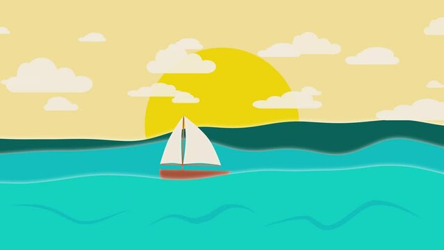 A seascape animation with a ship floating on the waves. White clouds and sunset.