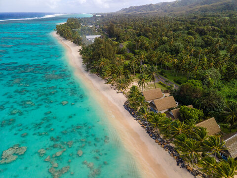 Aerial view looking down on Little Polynesian resort in The Cook Islands, Rarotonga