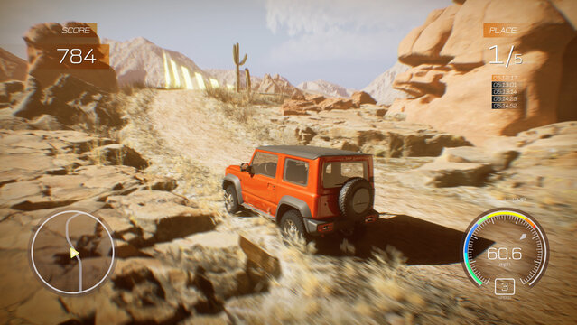 3D computer graphics of car racing simulator. Vehicle driving along the canyon or off-road out of the city. Gameplay of racing video game with user interface. App playback on PC or mobile screen.