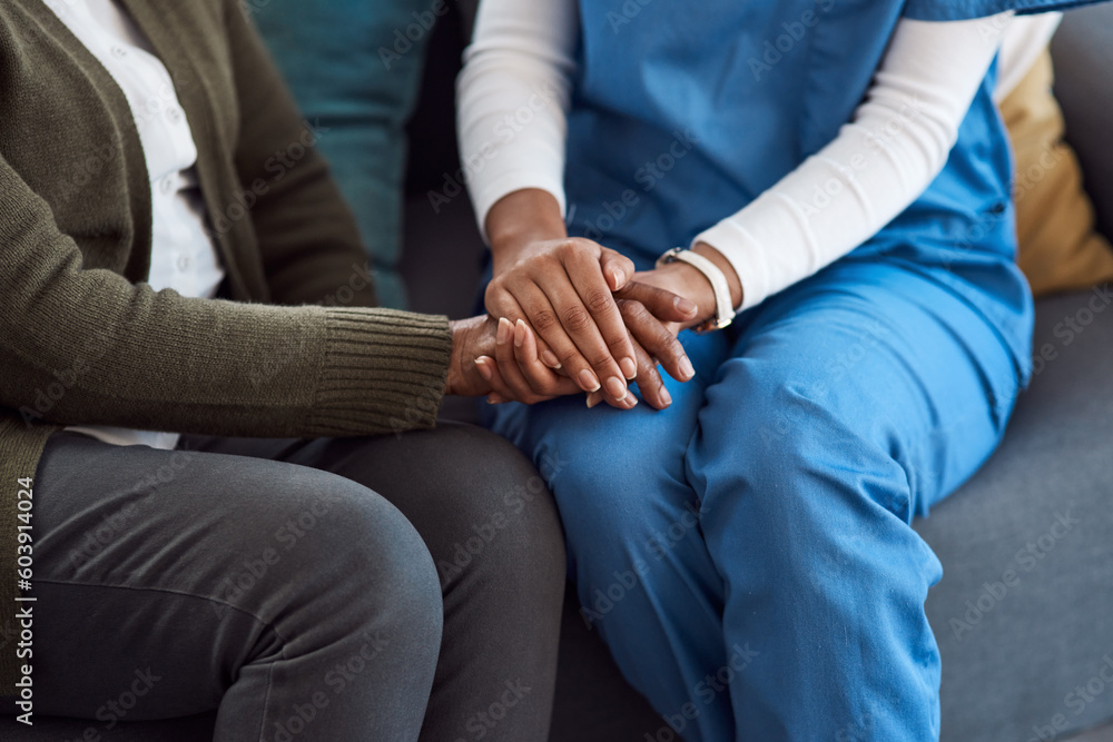 Wall mural Counseling, woman or caregiver holding hands for support or empathy for healthcare service of cancer therapy. Closeup, psychology help or sick patient in consulting with a nurse in consultation