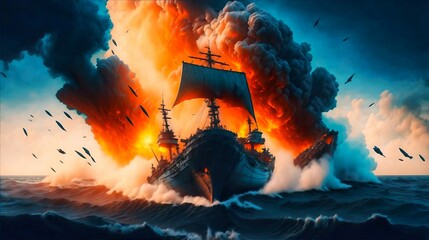 Ship on ocean exploding, Generative AI