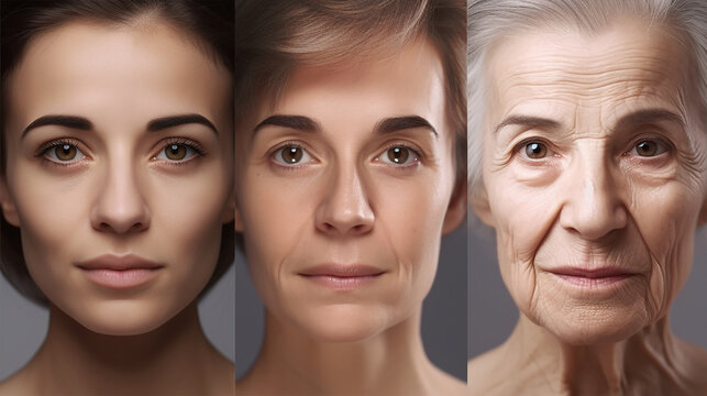 Generative ai illustration of triptych portrait of three women during aging process