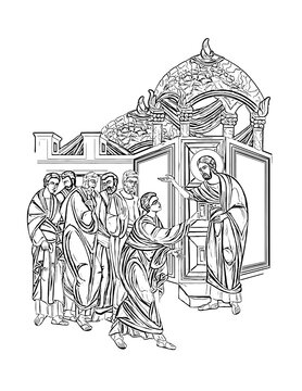 The sixth of ten appearances from the Resurrection to the Ascension of Christ. Thomas's assurance. Doubting Thomas. Illustration- fresco in Byzantine style.. Coloring page on white background