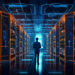 Digital graphics Futuristic 3D Concept, Big Data Center Chief Technology Officer Using Laptop Standing In Warehouse, Information Digitalization Lines, technology and data, Generative AI.