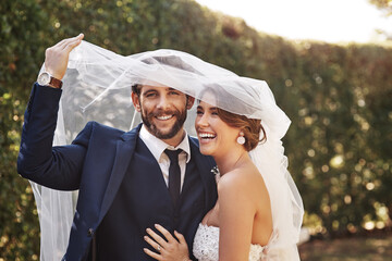 Wedding, veil and couple with love, marriage and celebration for relationship, loyalty and...