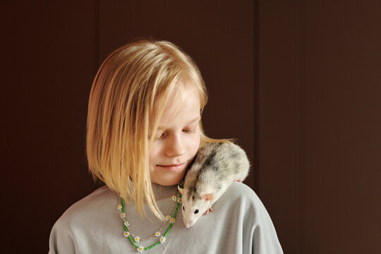 Medium close-up studio portrait of modern blond Caucasian girl with fluffy pet fancy rat on shoulder, brown background