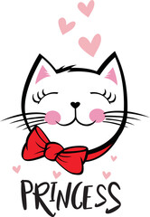Princess.Cute cat face with a bow and heart.  For fashion fabric design, t-shirt prints, cups, stickers, postcards. Vector illustration