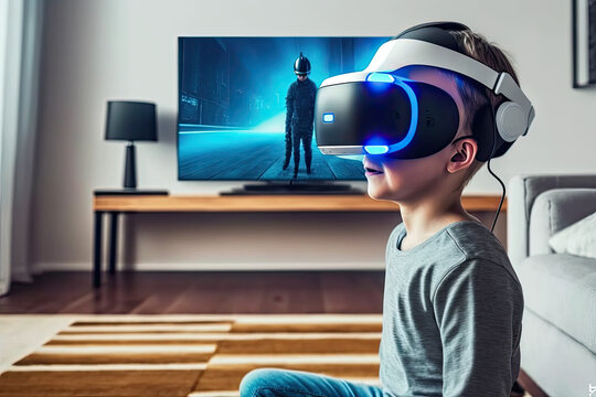 Little boy exploring metaverse with VR headset, virtual reality augmented reality, Generative AI