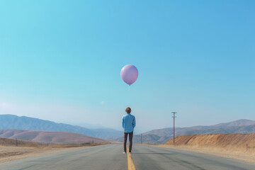 Hope concept, the back of people standing on field and holding a balloon in blue sky background by generative AI.