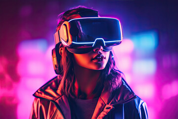 Indian woman with futuristic VR headset, virtual reality augmented reality metaverse, Generative AI