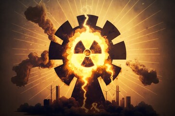 Cloud with radiation sign. Radiation symbol in the sky. Nuclear danger sign. The nuclear dust. Generative AI
