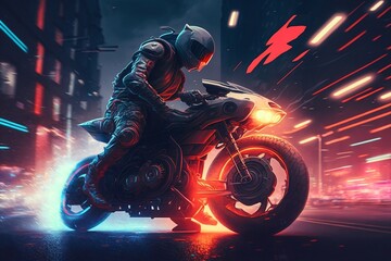 Nighttime Cyberpunk Speedway with Futuristic Motorcycle. AI