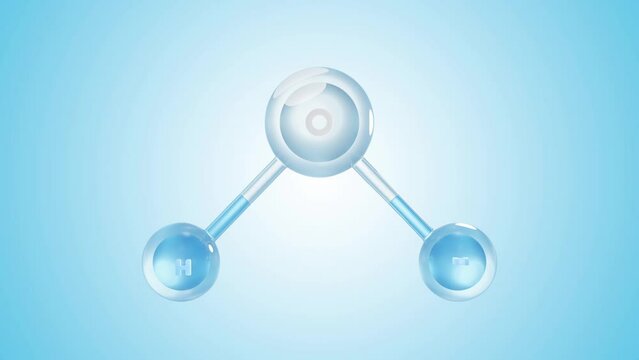 Molecular chemical formula H2O. Water molecules blue color. Ball and Stick chemical structure model. can be used in science or Cosmetic industry background. Animation Seamless loop, 3d render.