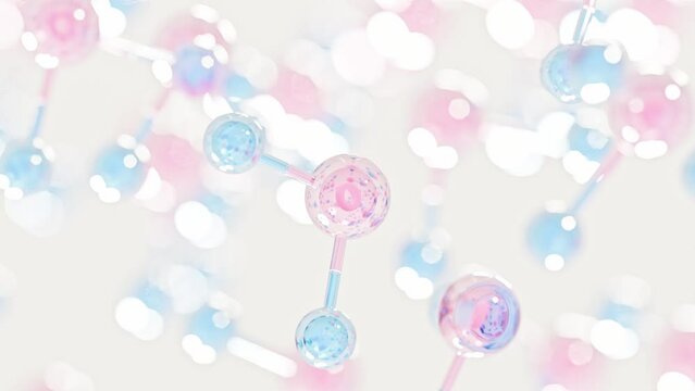 Molecular chemical formula H2O. Water molecules pink blue color. Ball and Stick chemical structure model. can be used in science or Cosmetic industry background. Animation Seamless loop, 3d render.